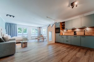 Moderne, offen gestaltete Junior-Wohnung mit Küche, Esstisch, Bett, Sofa und großen Fenstern, durch die viel Tageslicht hereinströmt. Die Einrichtung besteht aus Holzböden, hellblauen Schränken und minimalistischen Möbeln.