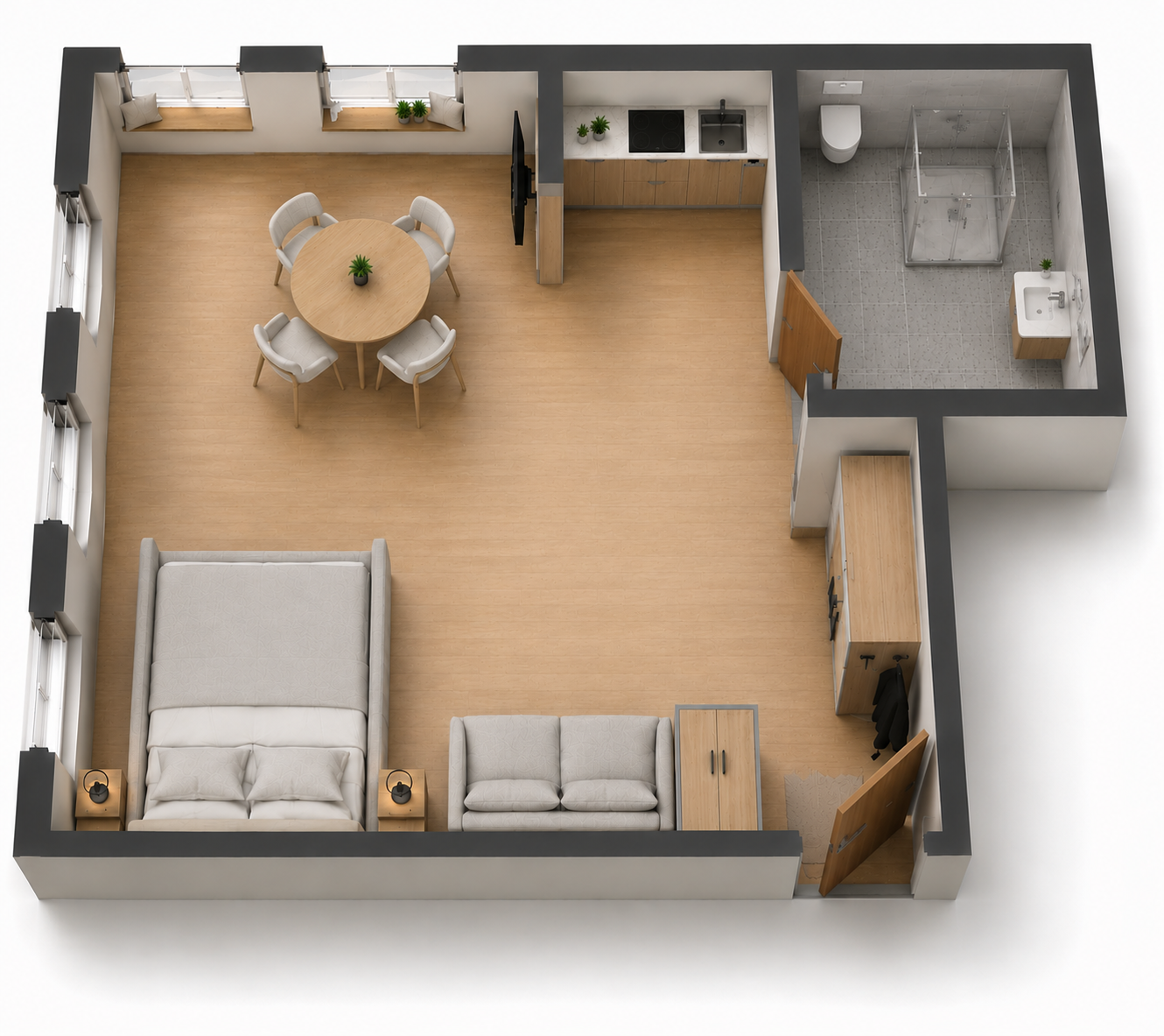 3D-Grundriss eines Junior-Apartments im Studio-Stil mit Bett, Sofa, Fernseher, Esstisch, Küchenbereich und einem separaten Badezimmer mit Dusche, Toilette und Waschbecken. Heller Holzboden und eine moderne Einrichtung prägen das gesamte Ambiente.